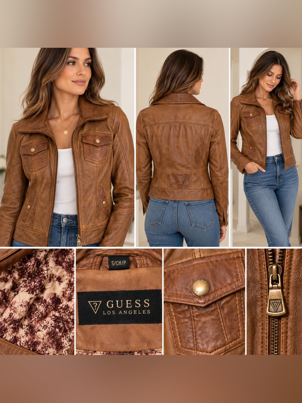 GUESS Los Angeles Genuine Leather Brown Moto Jacket Women’s S